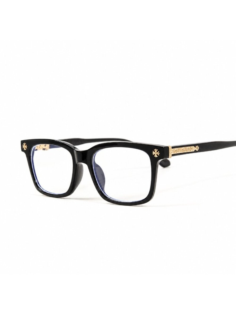 Clear Lens Fashion Mens Classic Black Metal Gold Plated Cross Eye Glasses